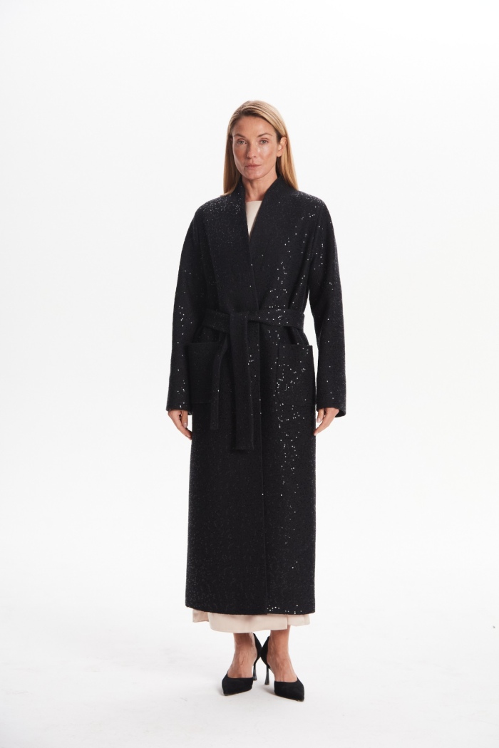 Seven Lab - Пальто-халат с пайетками в черном цвете