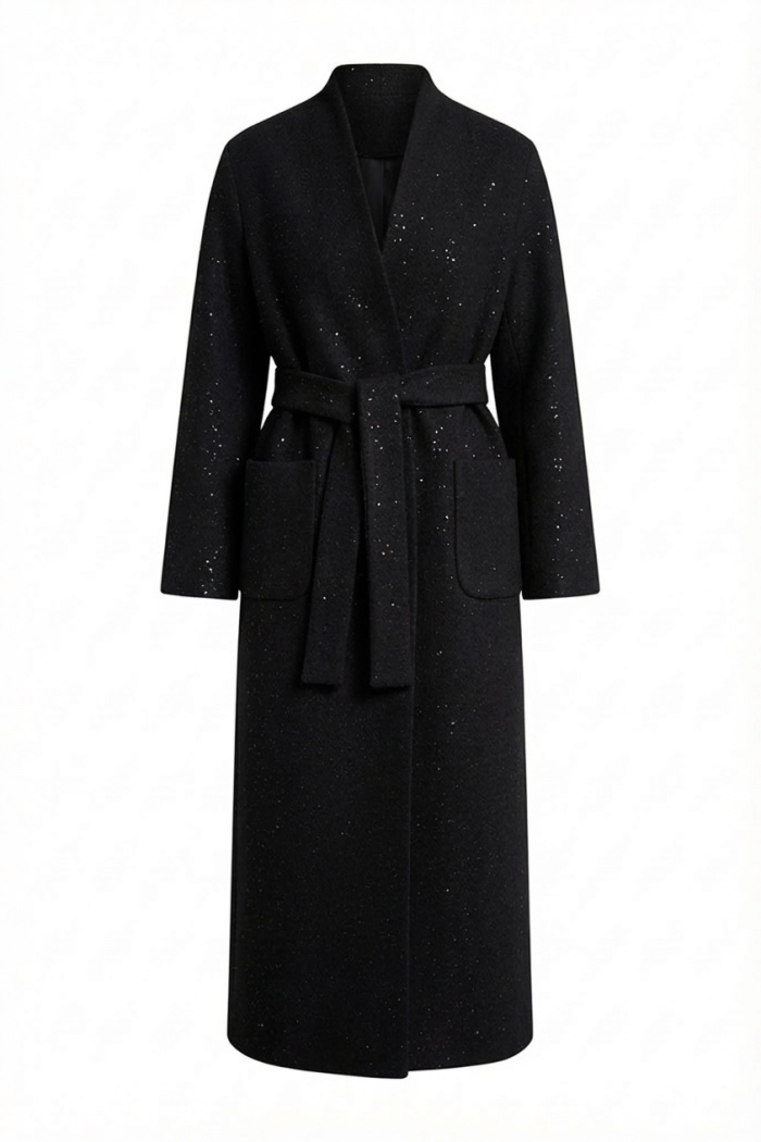 Seven Lab - Пальто-халат с пайетками в черном цвете