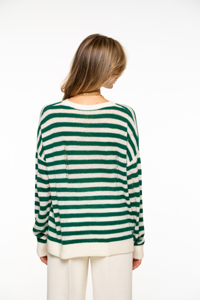 Seven Lab - Джемпер в полоску из 100% кашемира в бело-зеленом цвете