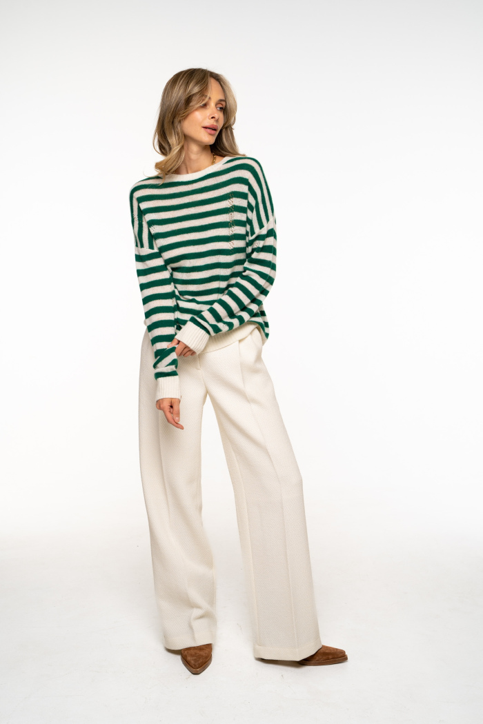 Seven Lab - Джемпер в полоску из 100% кашемира в бело-зеленом цвете