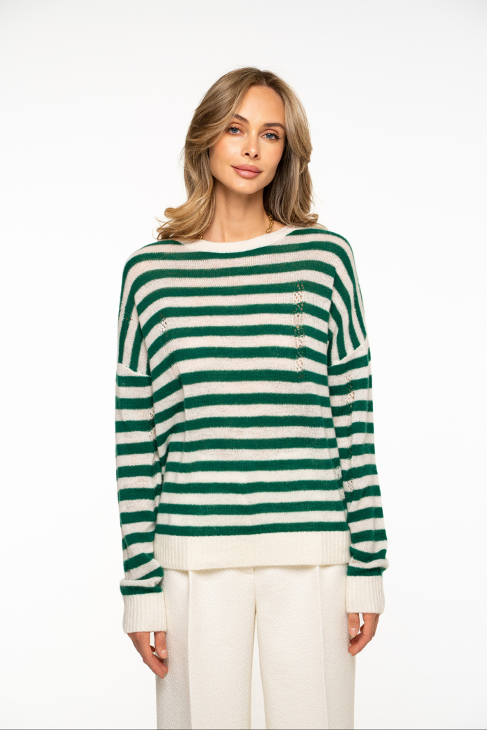 Seven Lab - Джемпер в полоску из 100% кашемира в бело-зеленом цвете