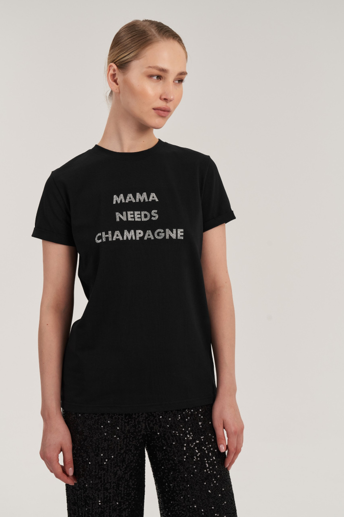 SEVEN LAB - Футболка из 100% хлопка c надписью из страз «Mama needs champagne»