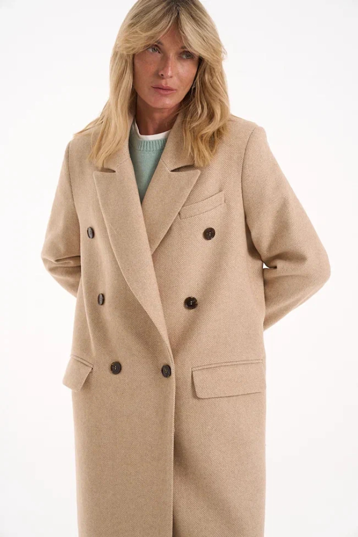 Seven Lab - Пальто прямое двубортное в бежевом цвете елочка
