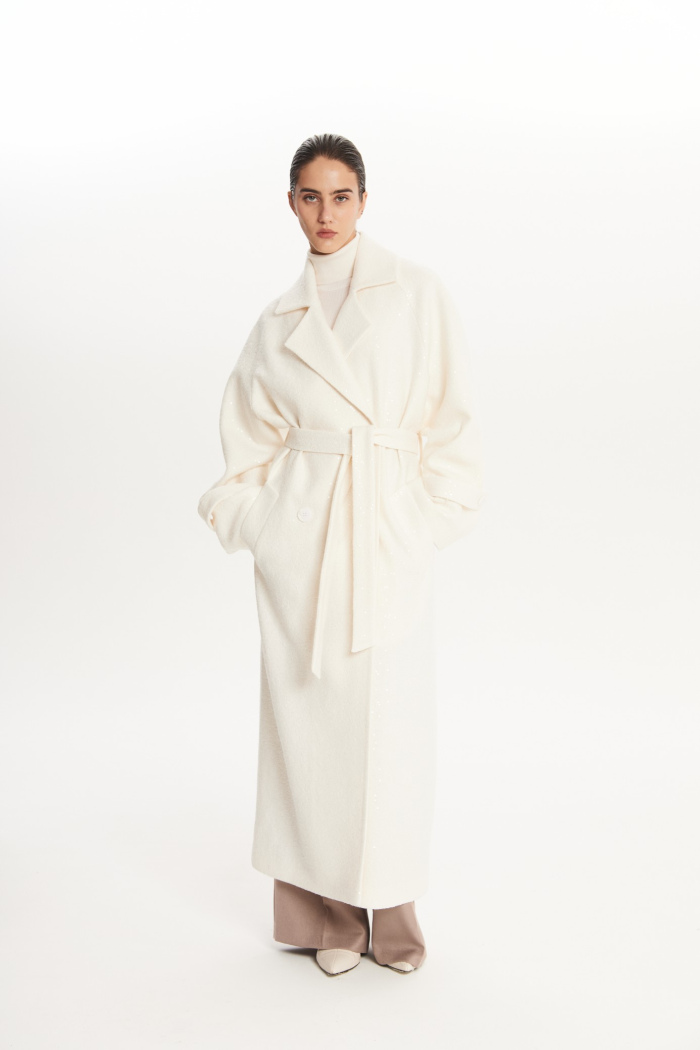 SEVEN LAB - Пальто-тренч из вареной шерсти с пайетками молочное