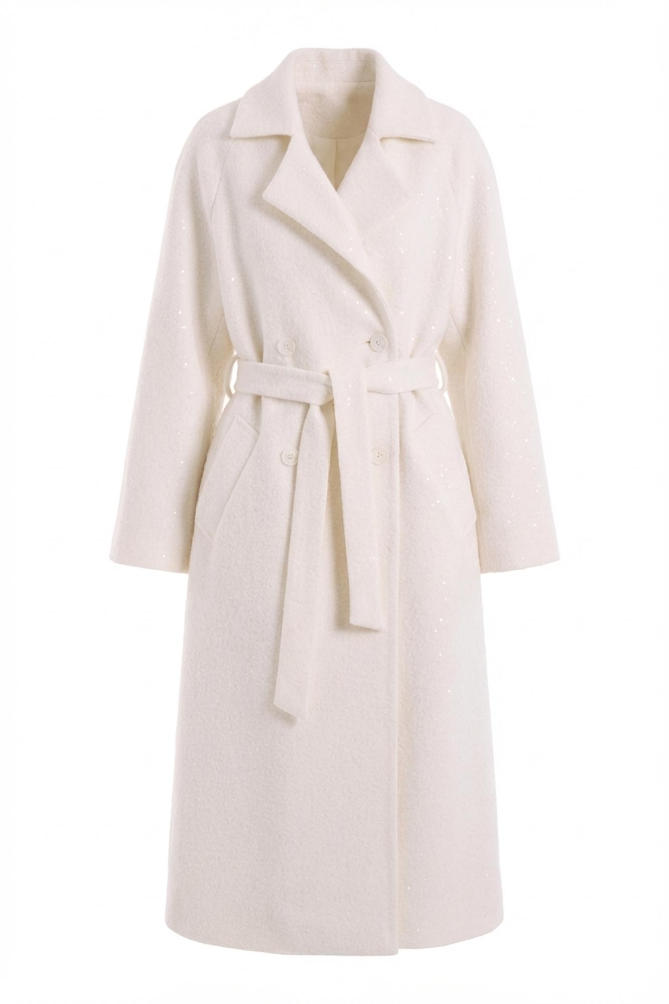 Seven Lab - Пальто-тренч из вареной шерсти с пайетками молочное