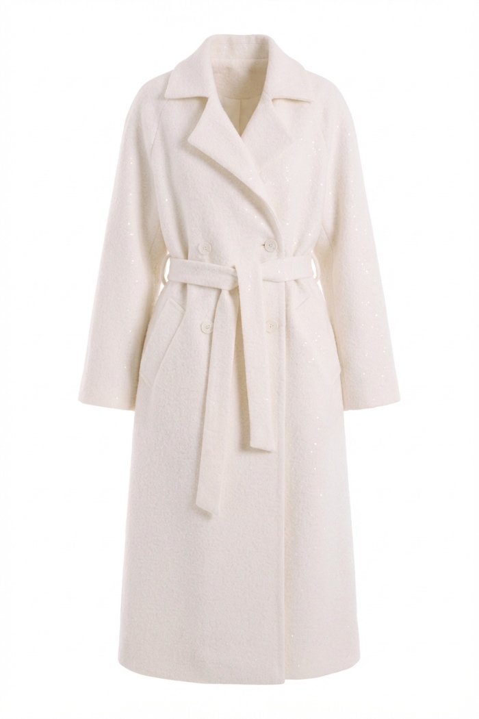 Seven Lab - Пальто-тренч из вареной шерсти с пайетками молочное