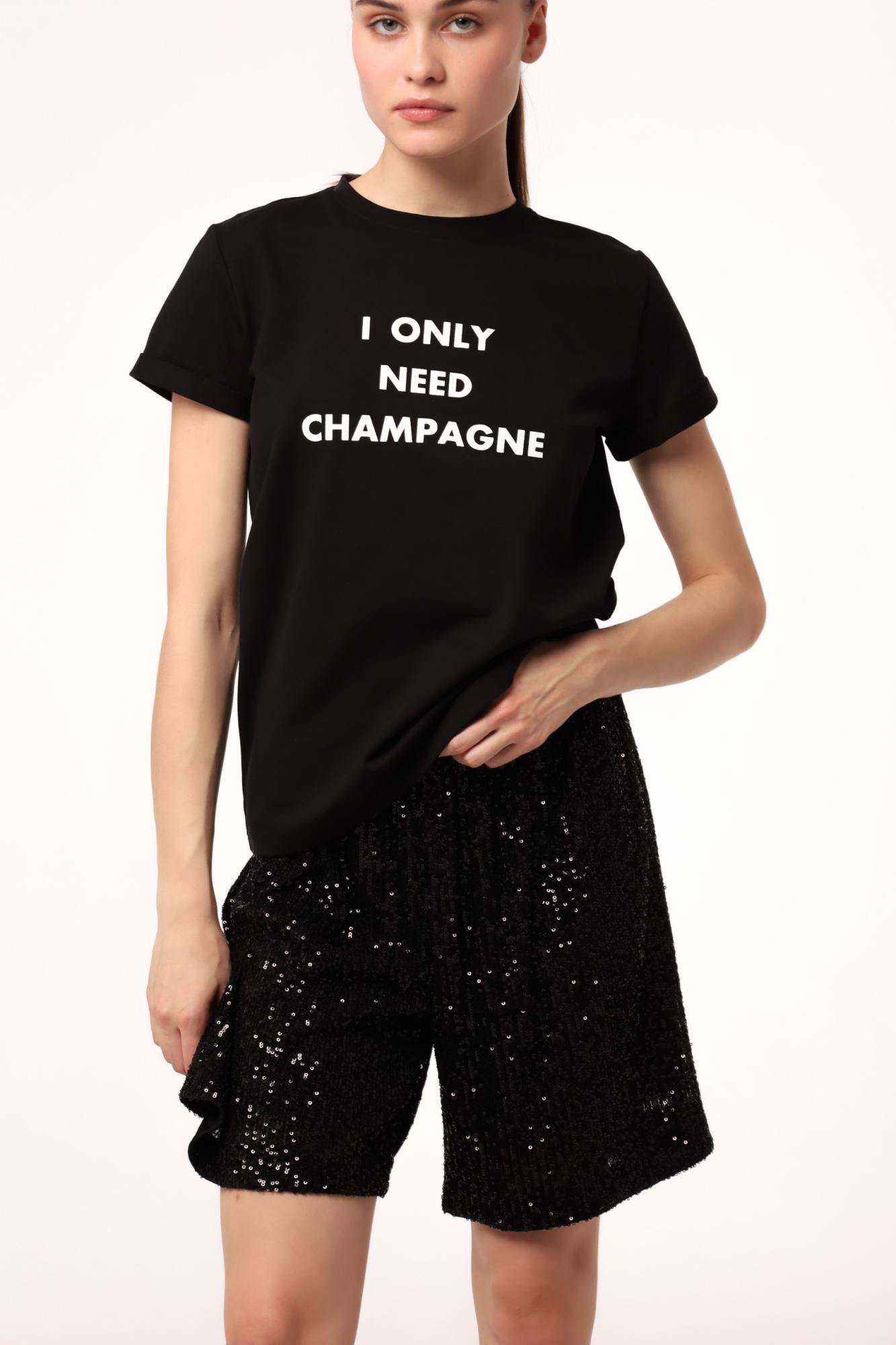 SEVEN LAB - Футболка из 100% хлопка в черном цвете с надписью I only need champagne