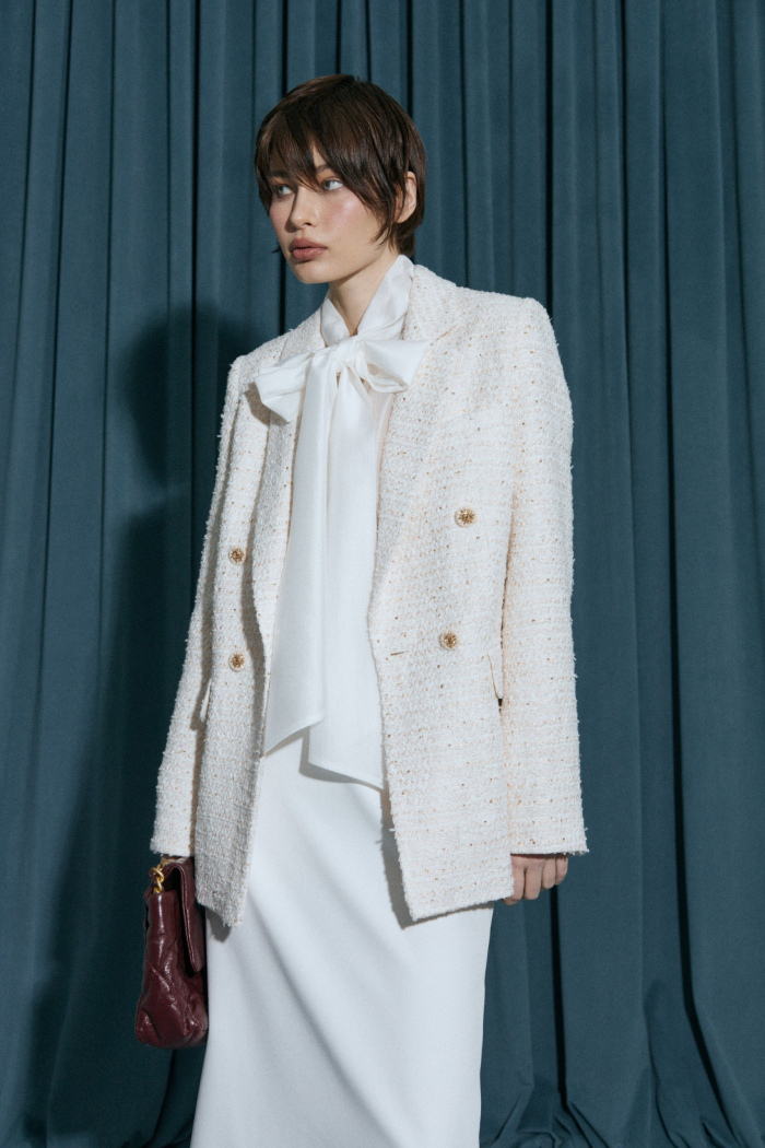 Seven Lab - Жакет двубортный из твида с люрексом в молочном цвете