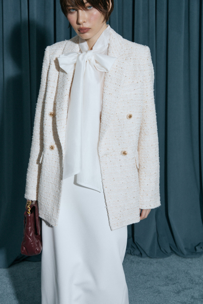 Seven Lab - Жакет двубортный из твида с люрексом в молочном цвете