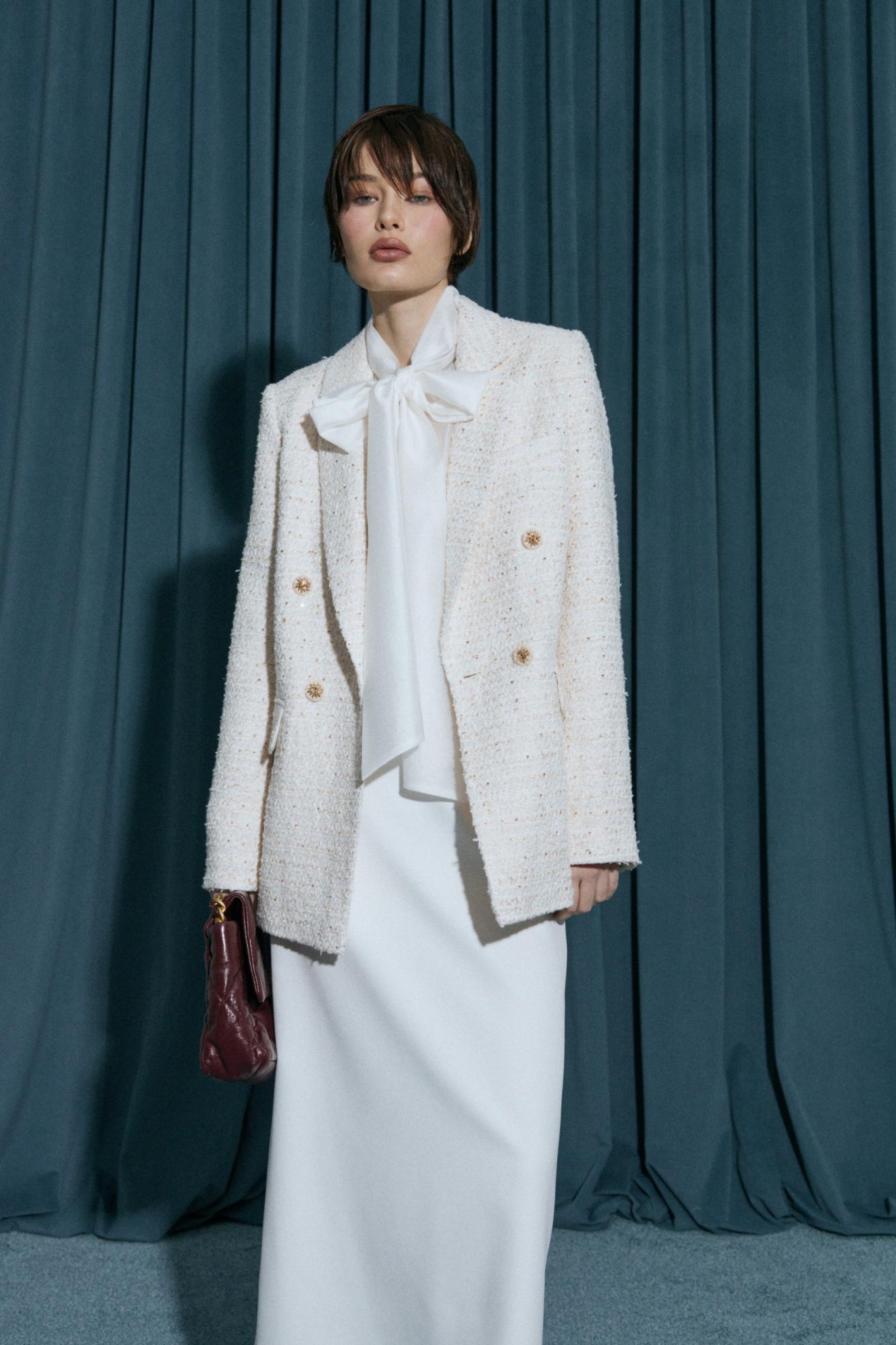 Seven Lab - Жакет двубортный из твида с люрексом в молочном цвете