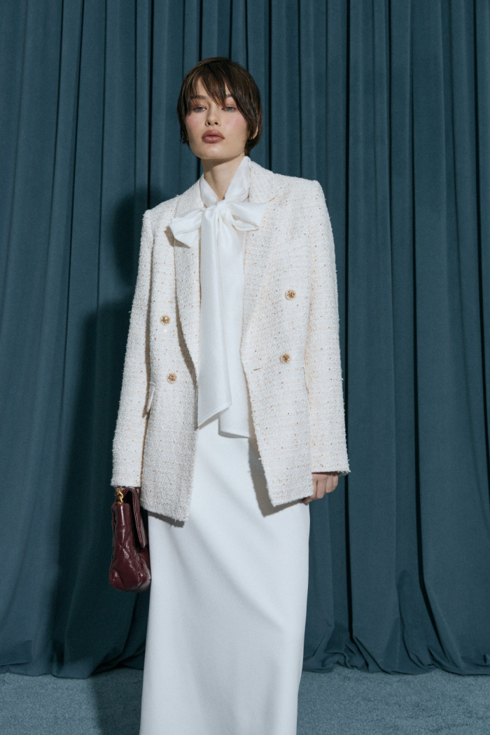 Seven Lab - Жакет двубортный из твида с люрексом в молочном цвете