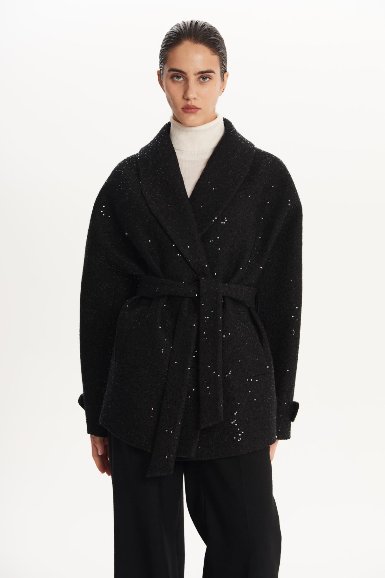 SEVEN LAB - Полупальто из вареной шерсти с пайетками в черном цвете