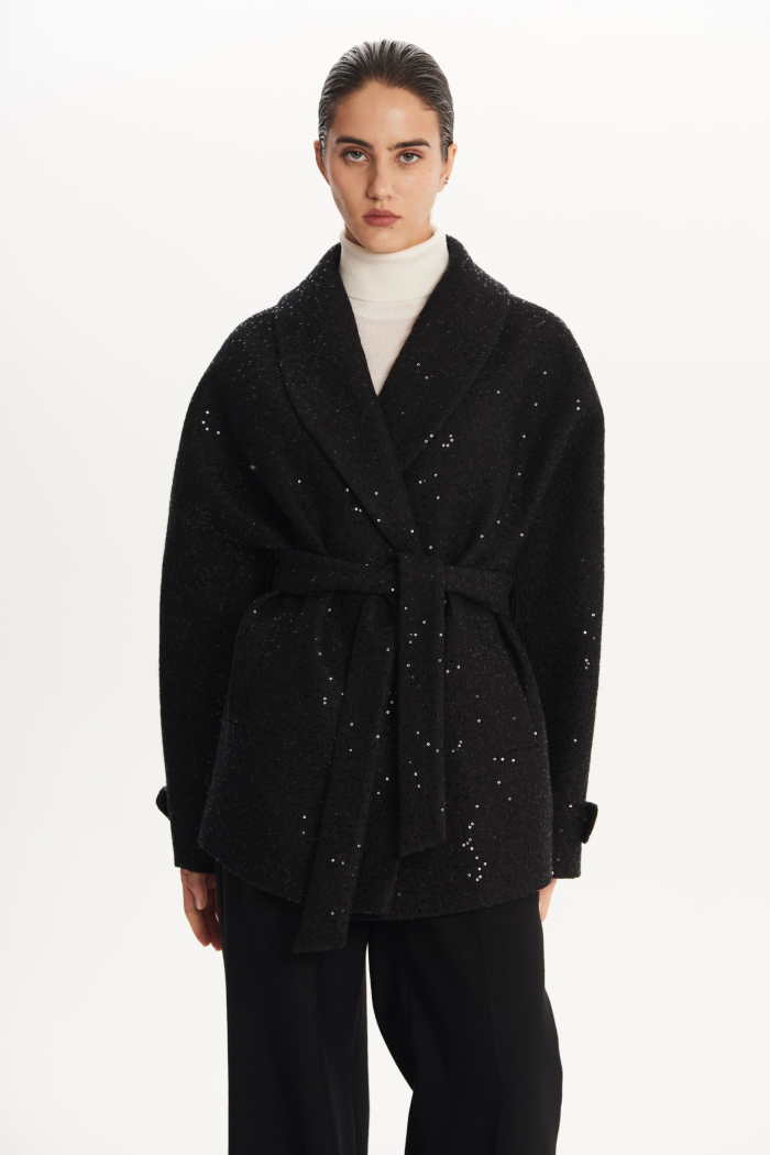 SEVEN LAB - Полупальто из вареной шерсти с пайетками в черном цвете