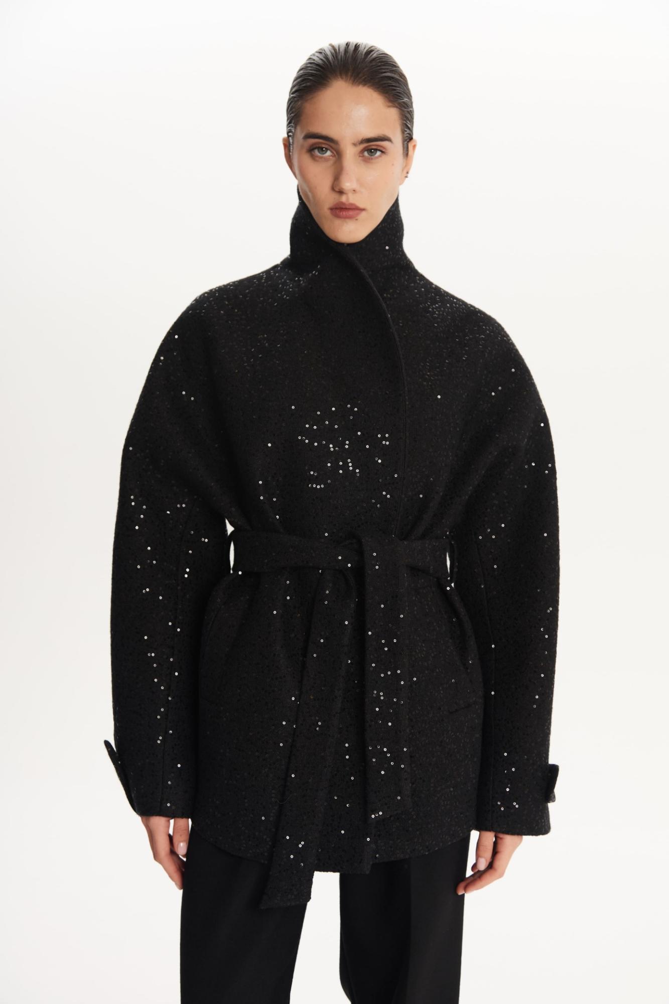 SEVEN LAB - Полупальто из вареной шерсти с пайетками в черном цвете