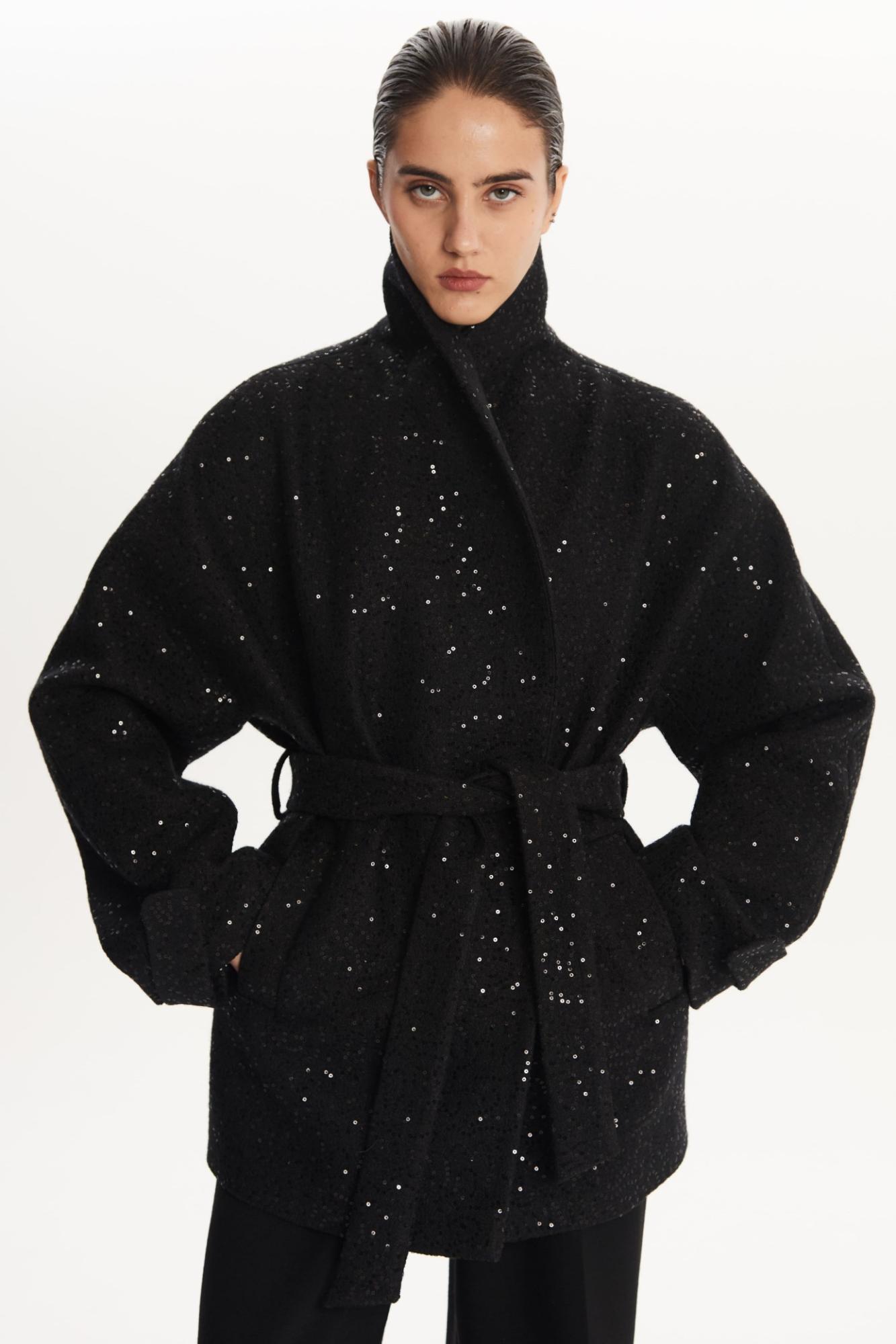 SEVEN LAB - Полупальто из вареной шерсти с пайетками в черном цвете