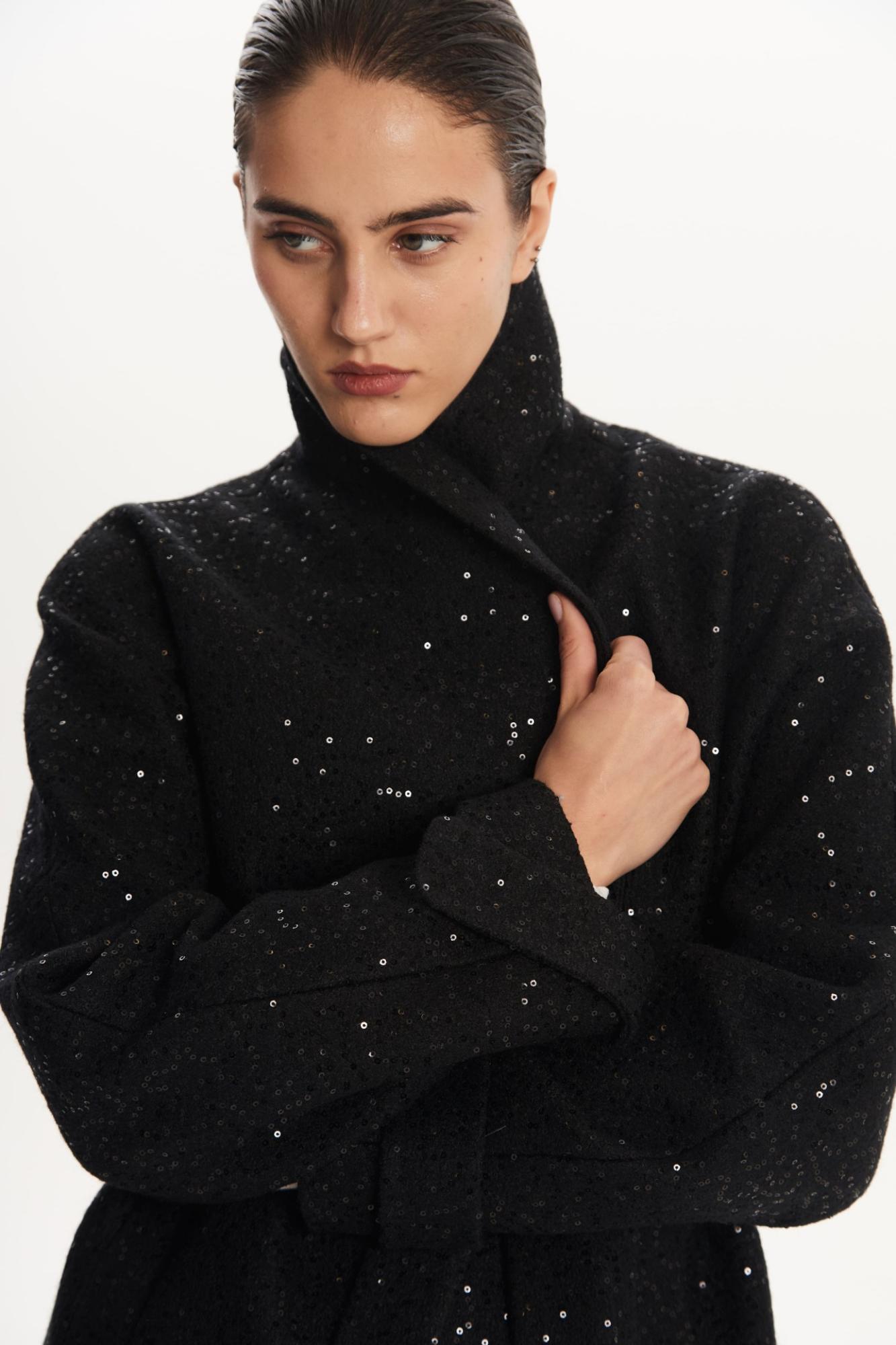 SEVEN LAB - Полупальто из вареной шерсти с пайетками в черном цвете
