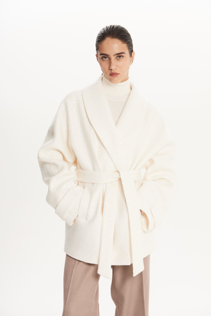 SEVEN LAB - Полупальто из вареной шерсти с пайетками в белом цвете