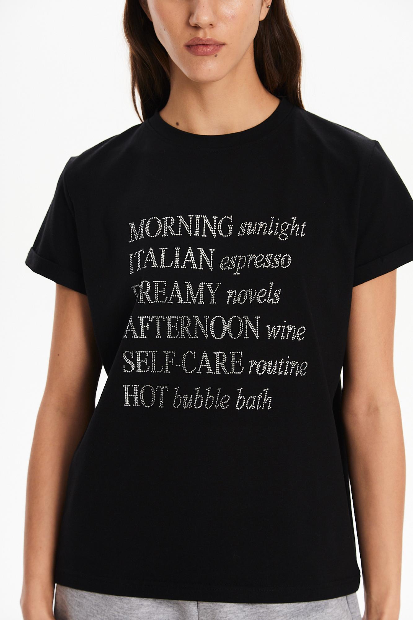 Seven Lab - Футболка со стразами серебро в черном цвете