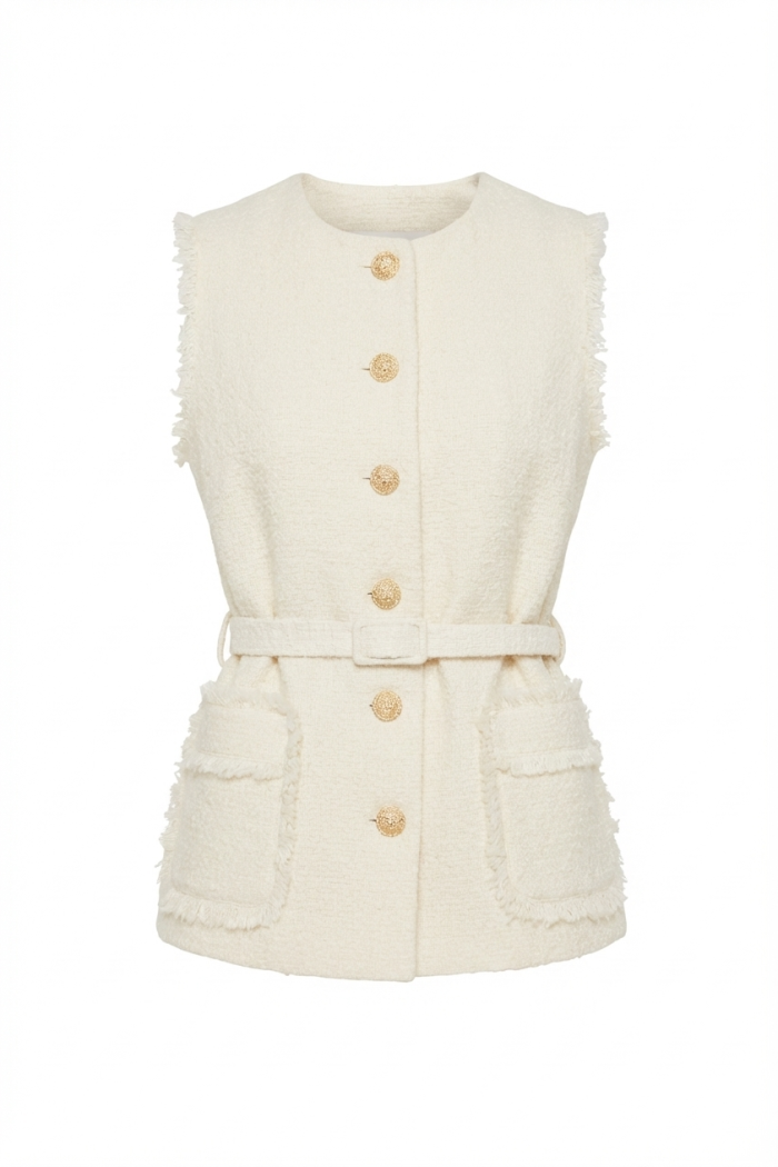 Seven Lab - Жилет из твида с поясом в молочном цвете