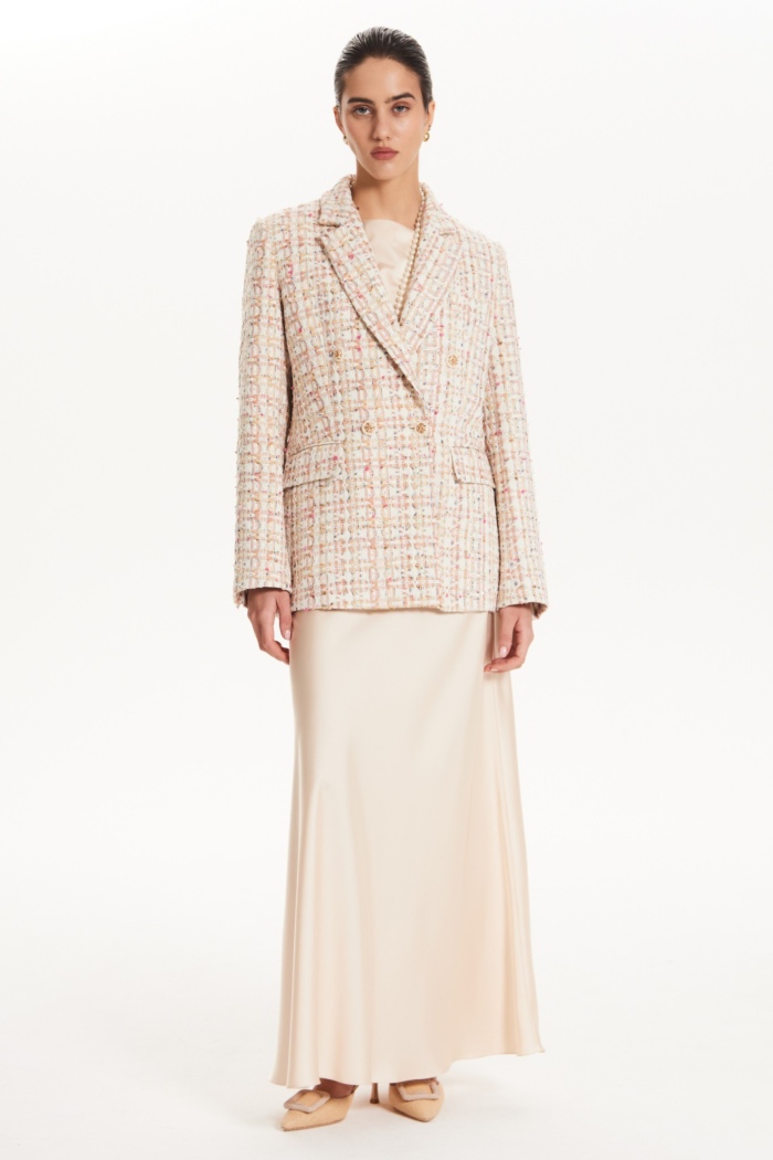 Seven Lab - Жакет твидовый в клетку в молочном цвете