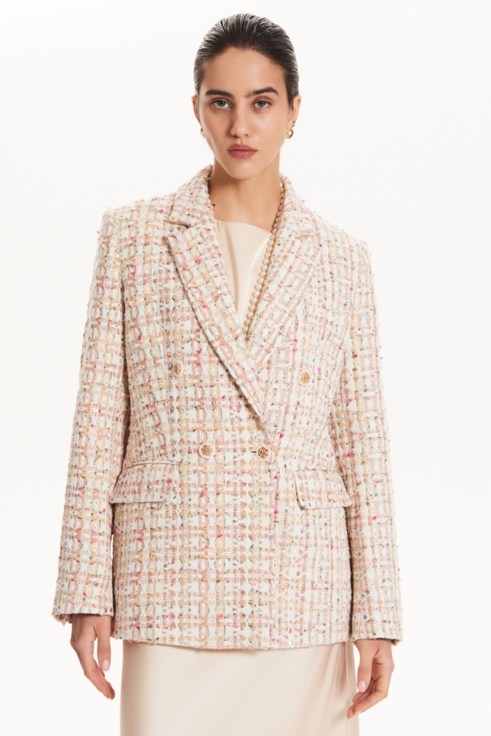 Seven Lab - Жакет твидовый в клетку в молочном цвете