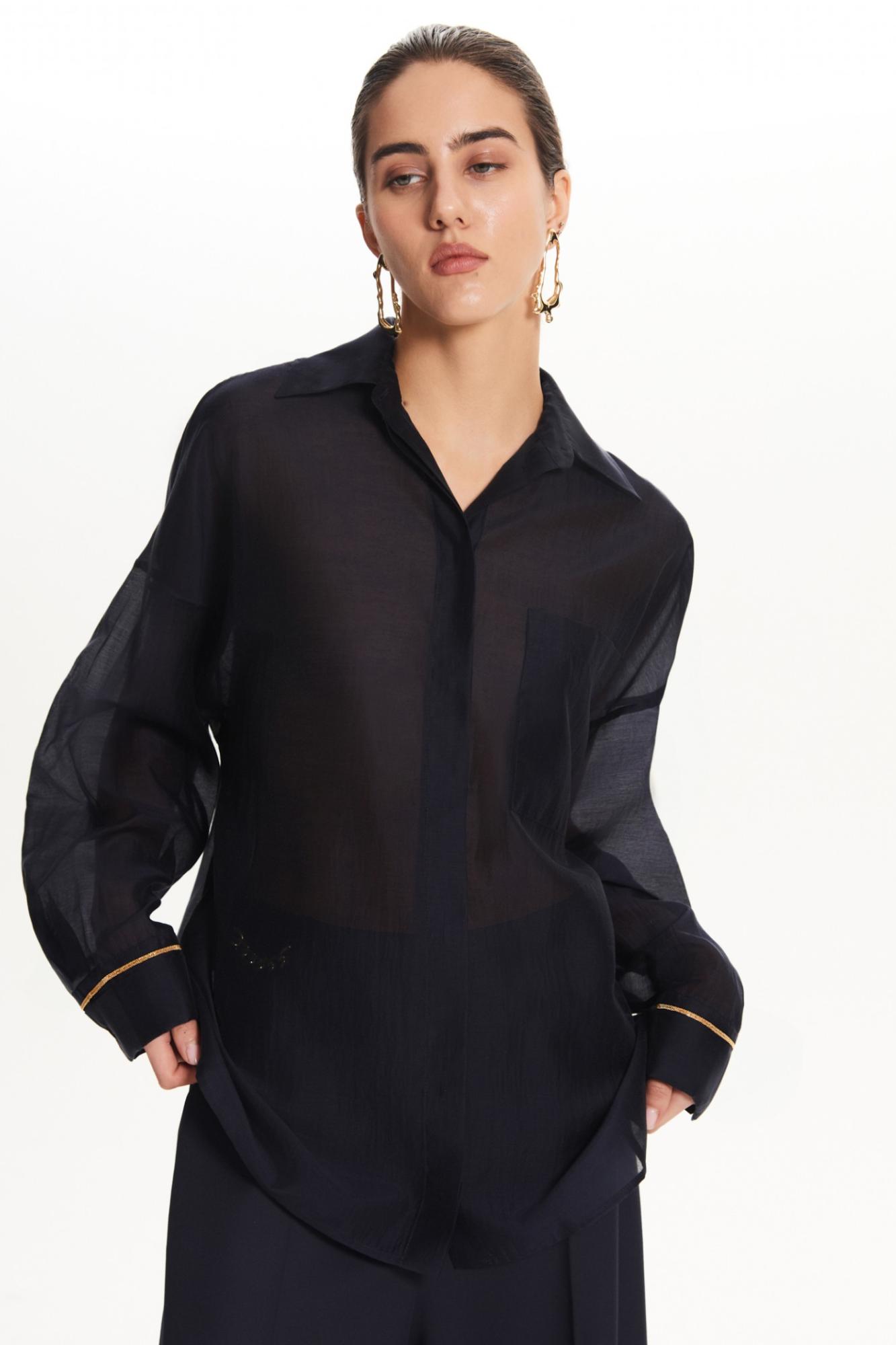 Seven Lab - Блуза из вуали с отделкой на рукавах в темно-синем цвете