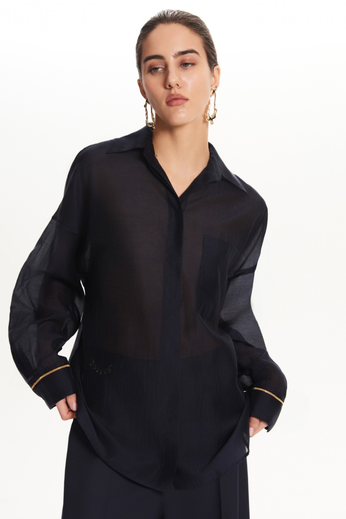 Seven Lab - Блуза из вуали с отделкой на рукавах в темно-синем цвете