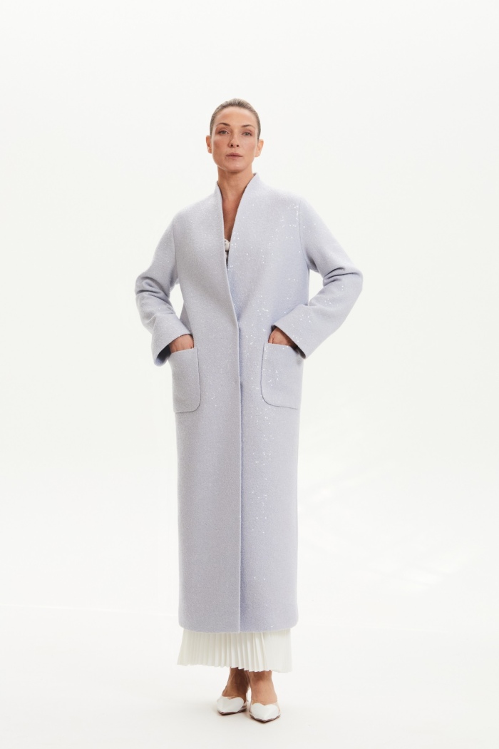 Seven Lab - Пальто-халат с пайетками в серо-голубом цвете