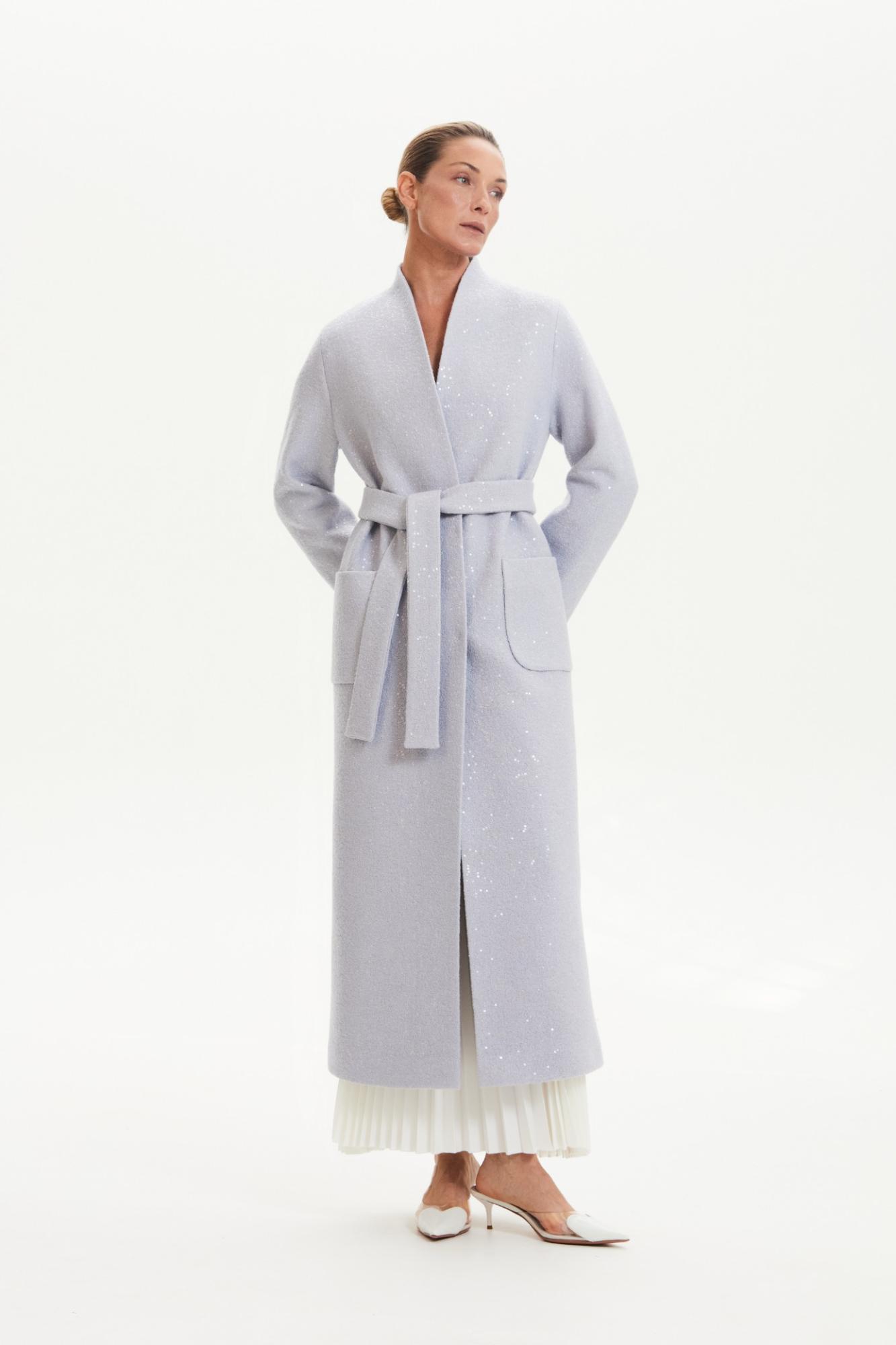 Seven Lab - Пальто-халат с пайетками в серо-голубом цвете