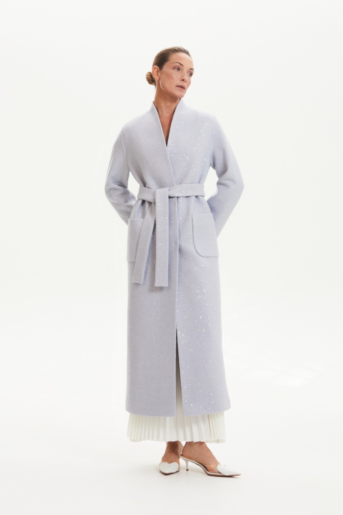 Seven Lab - Пальто-халат с пайетками в серо-голубом цвете