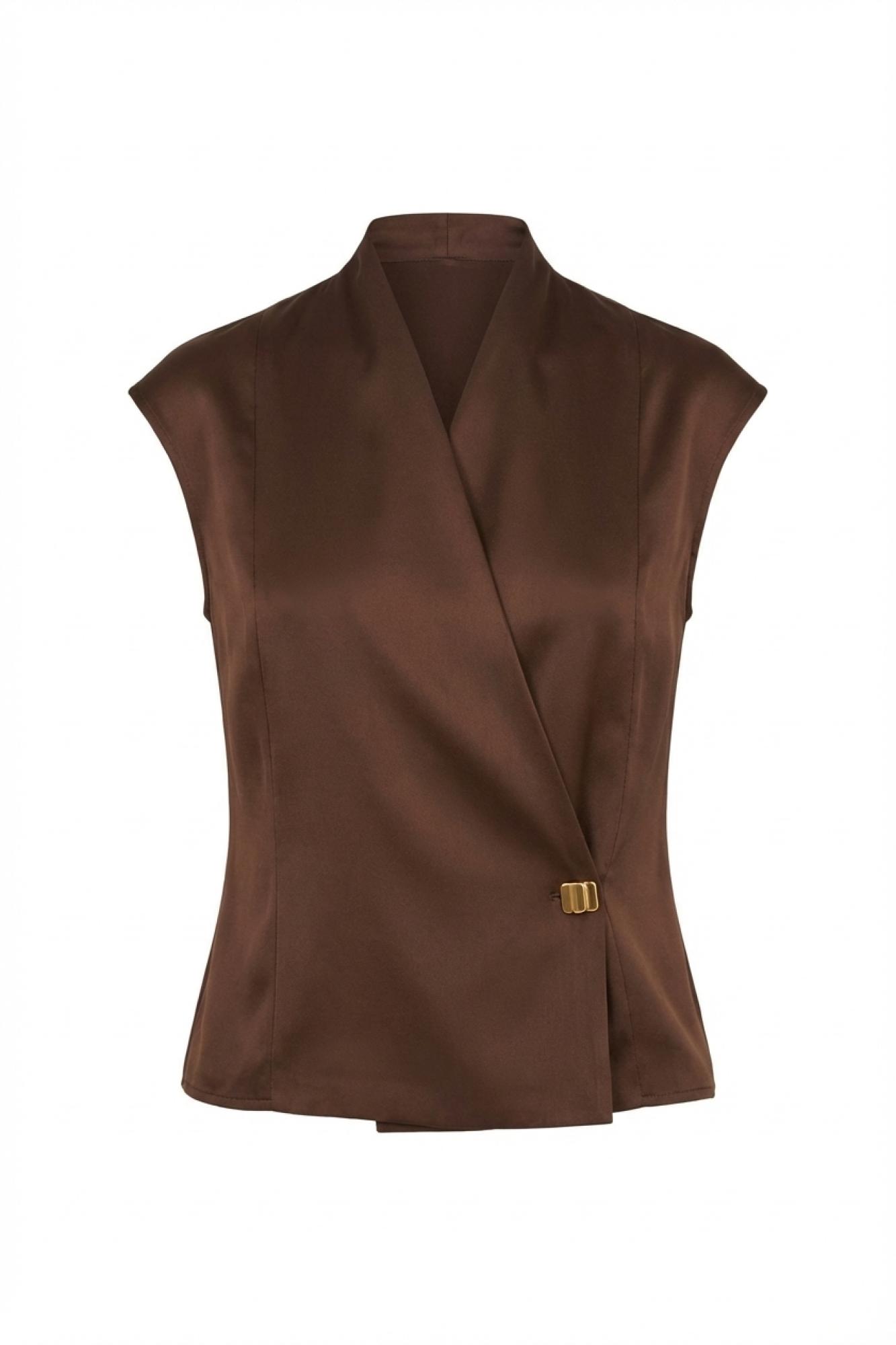 Seven Lab - Блуза на запах с золотой пуговицей в шоколадном цвете, женская