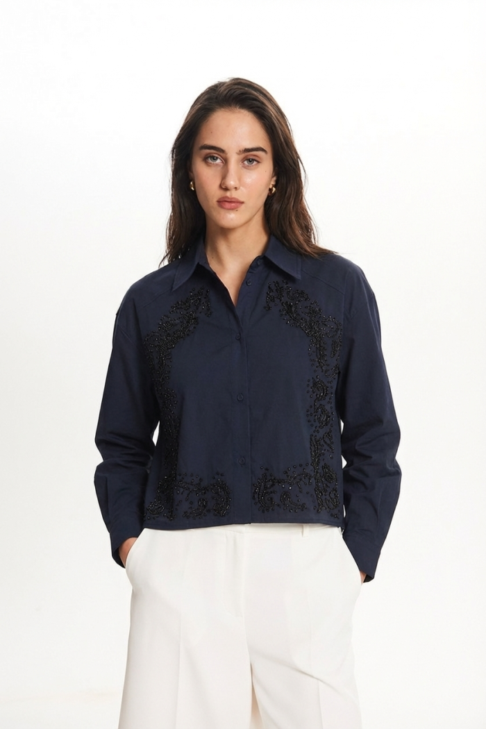 Seven Lab - Рубашка с вышивкой из бусин в темно-синем цвете