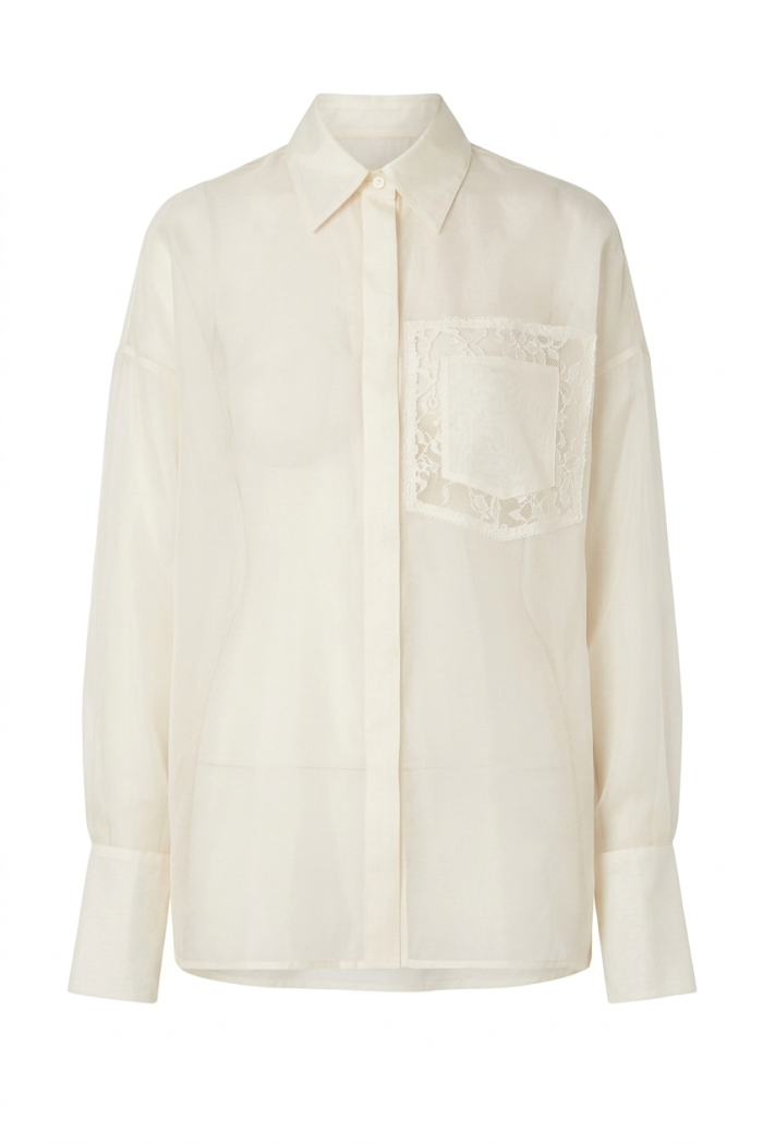 Seven Lab - Блуза из вуали прямого кроя с кружевом на кармане в молочном цвете