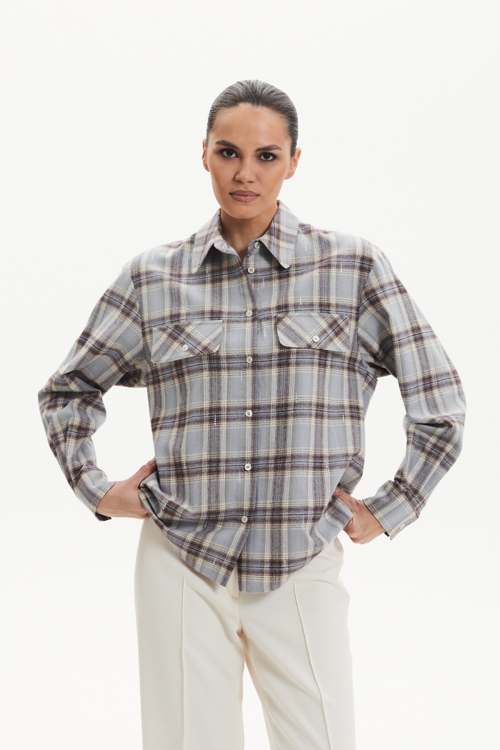 Seven Lab - Рубашка в клетку со стразами в серое-голубом цвете