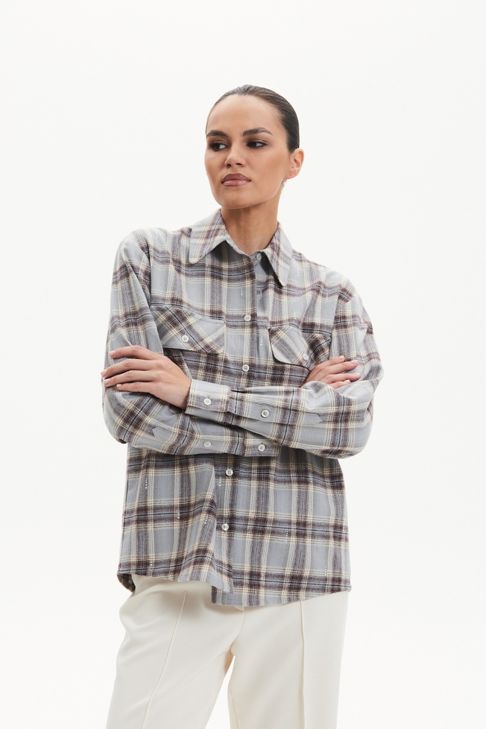Seven Lab - Рубашка в клетку со стразами в серое-голубом цвете